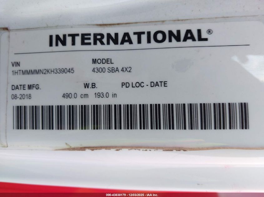 2019 International Durastar 4300 VIN: 1HTMMMMN2KH339045 Lot: 43838179