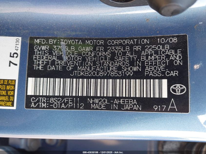 2009 Toyota Prius VIN: JTDKB20U897853199 Lot: 43838186