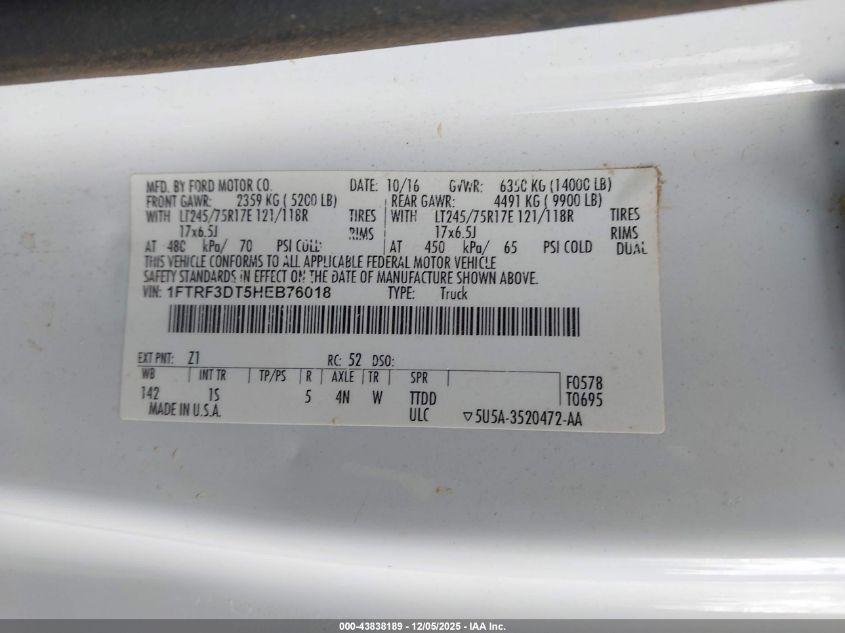 2017 Ford F-350 Xl VIN: 1FTRF3DT5HEB76018 Lot: 43838189