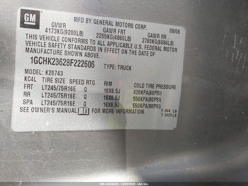 2008 Chevrolet Silverado 2500Hd Lt2 VIN: 1GCHK23628F222606 Lot: 43838220