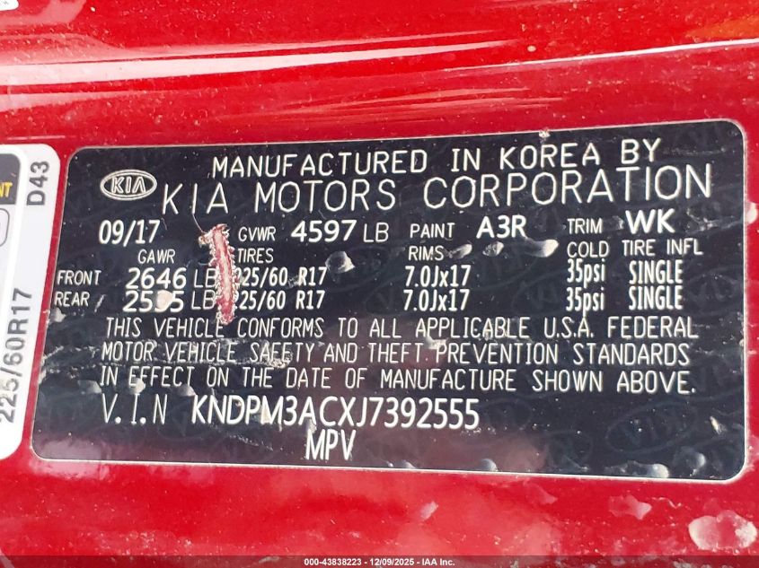2018 Kia Sportage Lx VIN: KNDPM3ACXJ7392555 Lot: 43838223