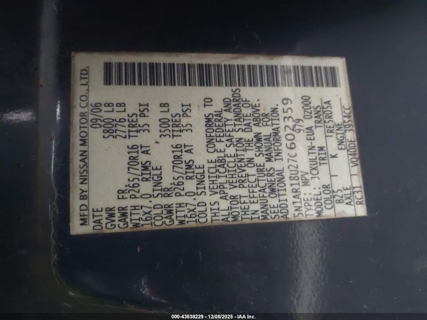 2007 Nissan Pathfinder Se VIN: 5N1AR18U27C602359 Lot: 43838229