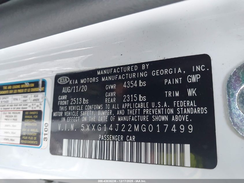 2021 Kia K5 Lxs VIN: 5XXG14J22MG017499 Lot: 43838236