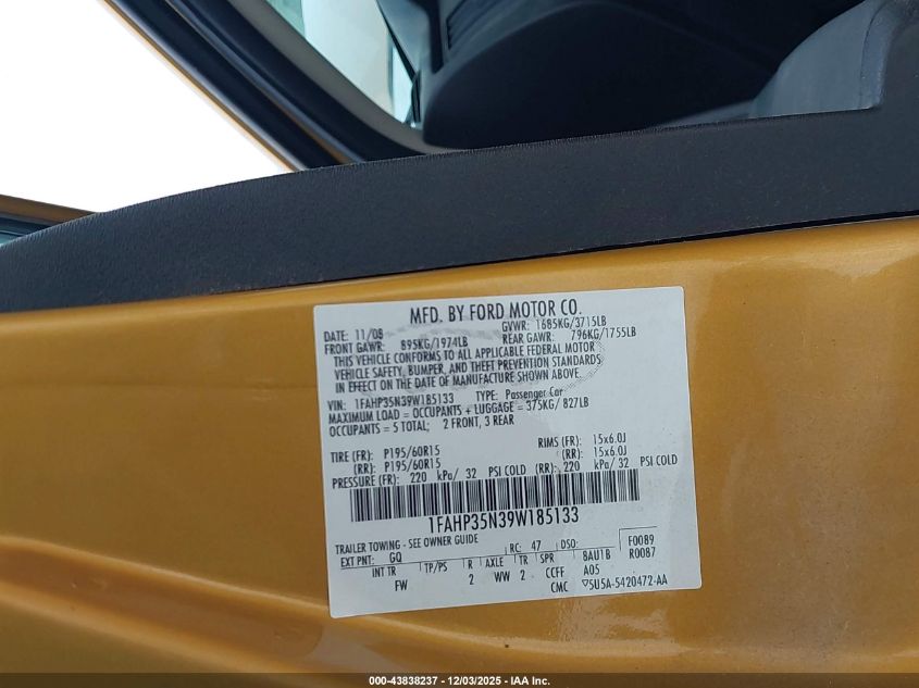 2009 Ford Focus Se VIN: 1FAHP35N39W185133 Lot: 43838237