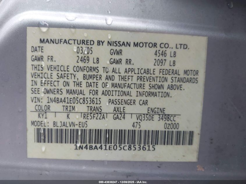 2005 Nissan Maxima 3.5 Sl VIN: 1N4BA41E05C853615 Lot: 43838247