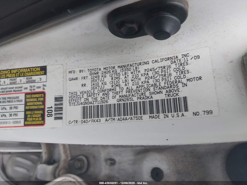 2010 Toyota Tacoma Prerunner V6 VIN: 5TEJU4GN9AZ711926 Lot: 43838251