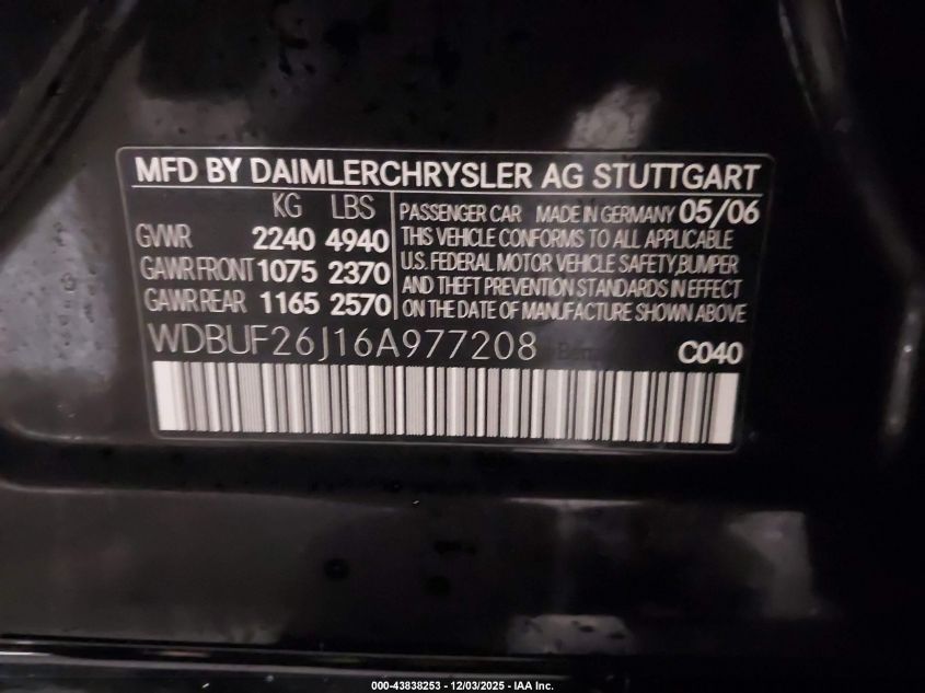 2006 Mercedes-Benz E 320 Cdi VIN: WDBUF26J16A977208 Lot: 43838253