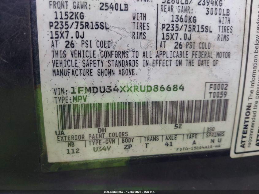 1994 Ford Explorer VIN: 1FMDU34XXRUD86684 Lot: 43838257