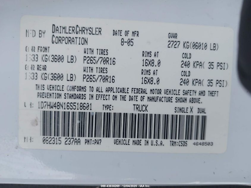 2006 Dodge Dakota Slt VIN: 1D7HW48N16S518601 Lot: 41760122
