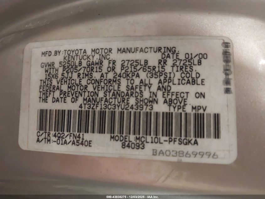 2000 Toyota Sienna Le VIN: 4T3ZF13C3YU243973 Lot: 43838275