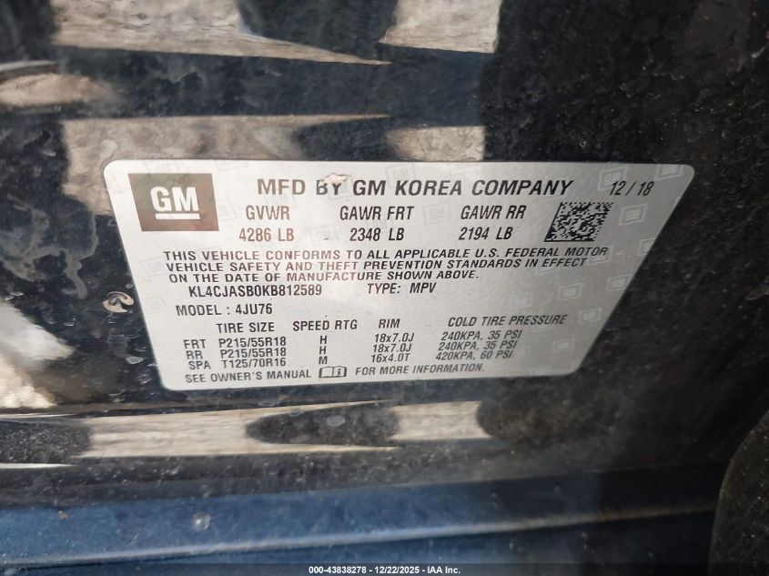 2019 Buick Encore Fwd Preferred VIN: KL4CJASB0KB812589 Lot: 43838278