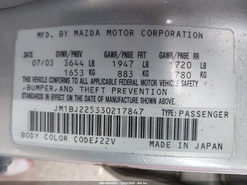 2003 Mazda Protege Dx/Es/Lx VIN: JM1BJ225330217847 Lot: 43838287