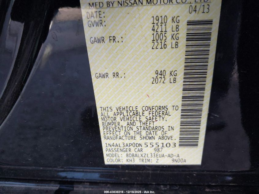 2013 Nissan Altima 2.5 Sl VIN: 1N4AL3AP0DN555103 Lot: 43838316