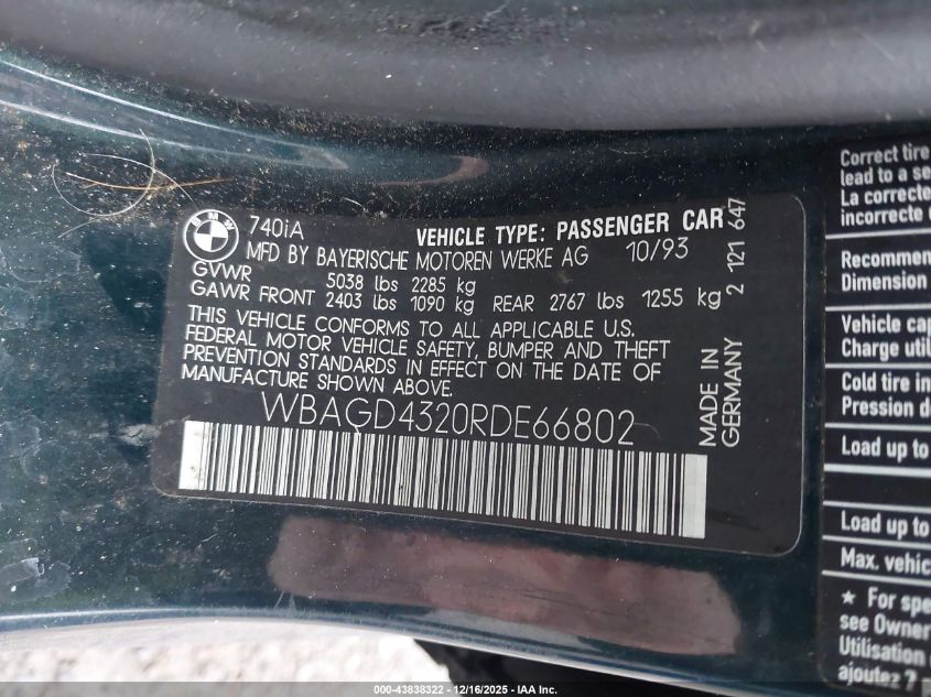 1994 BMW 740 I Automatic VIN: WBAGD4320RDE66802 Lot: 43838322