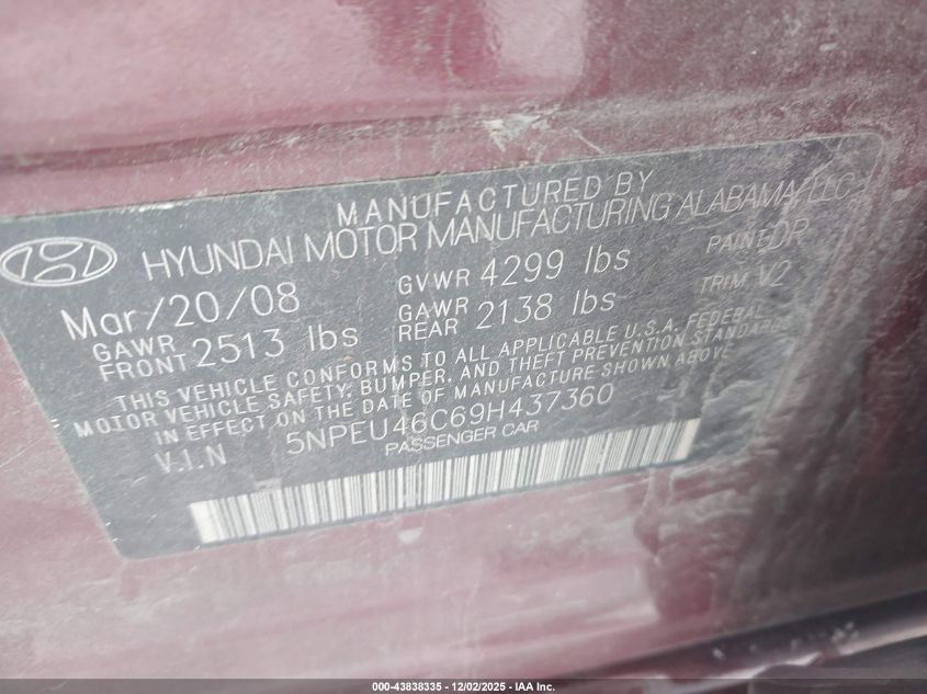 2009 Hyundai Sonata Limited VIN: 5NPEU46C69H437360 Lot: 43838335