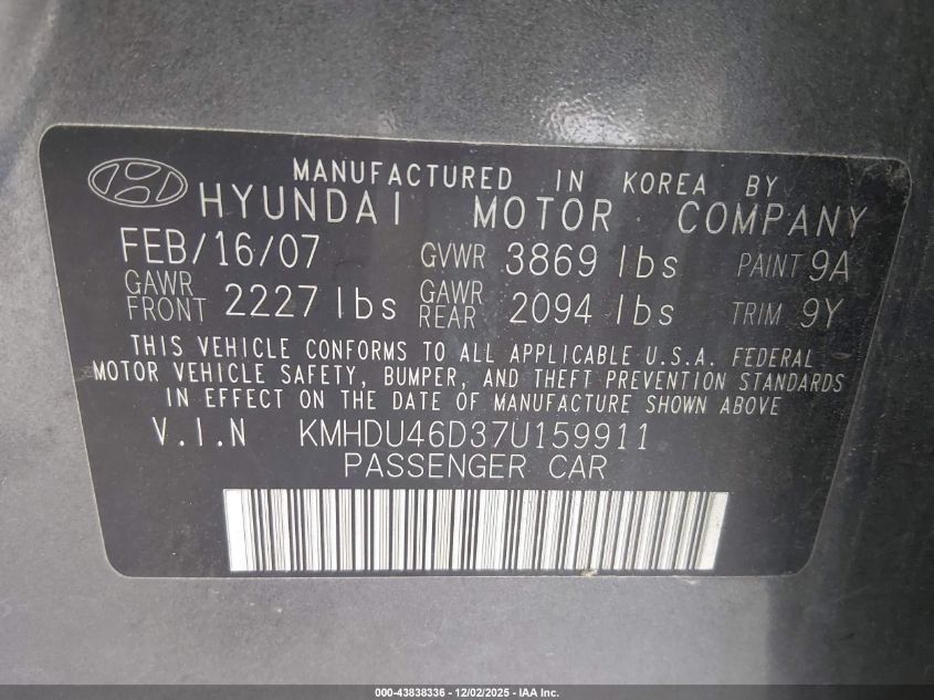 2007 Hyundai Elantra Gls/Limited/Se VIN: KMHDU46D37U159911 Lot: 43838336