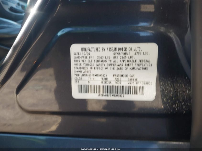 2007 Infiniti G35X VIN: JNKBV61F97M805822 Lot: 43838349