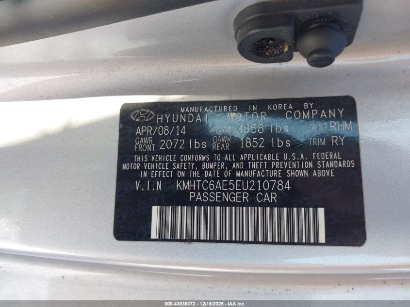 2014 Hyundai Veloster Turbo W/Black VIN: KMHTC6AE5EU210784 Lot: 43838372