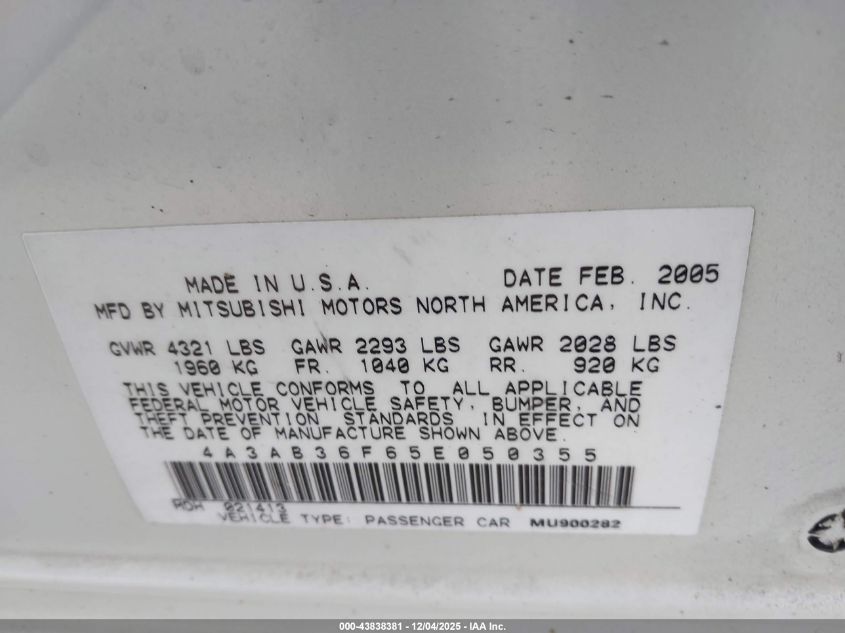 2005 Mitsubishi Galant Es/Se VIN: 4A3AB36F65E050355 Lot: 43838381