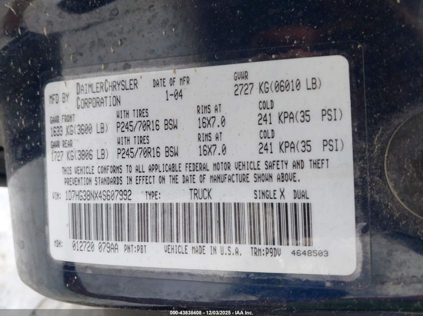 2004 Dodge Dakota Sport/Sxt VIN: 1D7HG38NX4S607992 Lot: 43838408