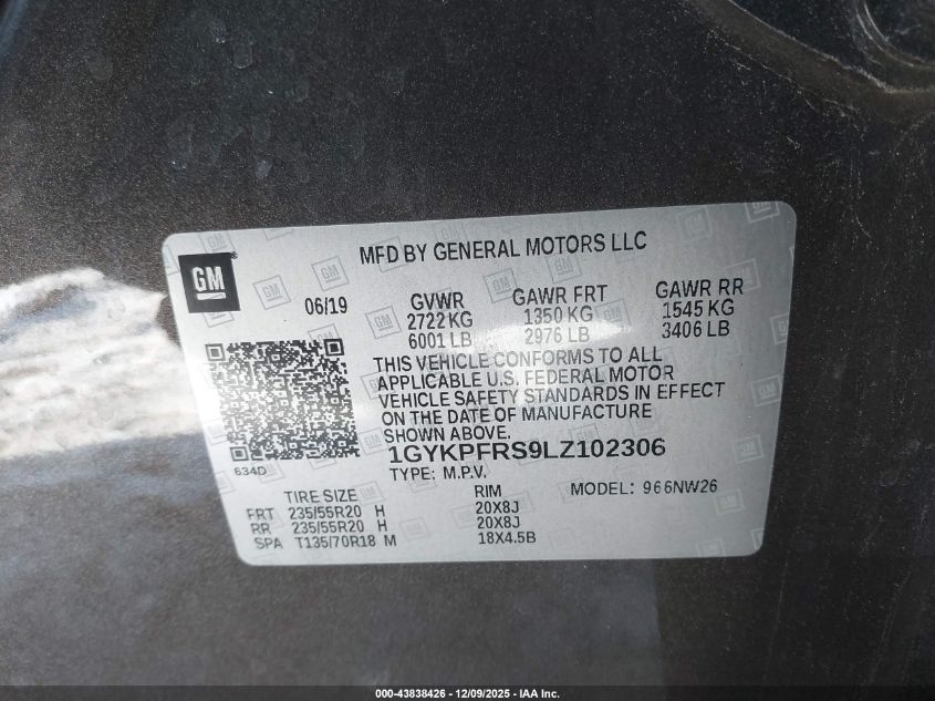 2020 Cadillac Xt6 Awd Premium Luxury VIN: 1GYKPFRS9LZ102306 Lot: 43838426