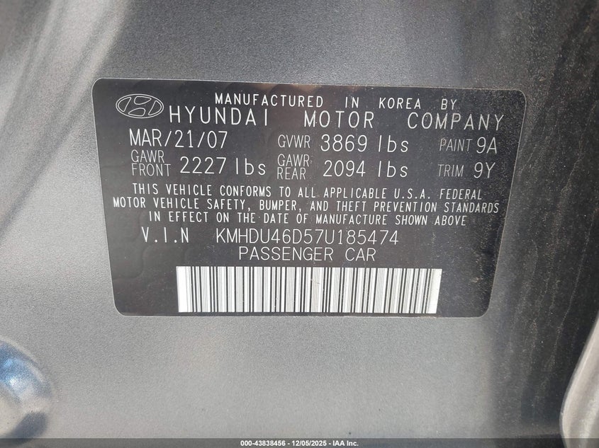 KMHDU46D57U185474 2007 HYUNDAI ELANTRA photo no. 9
