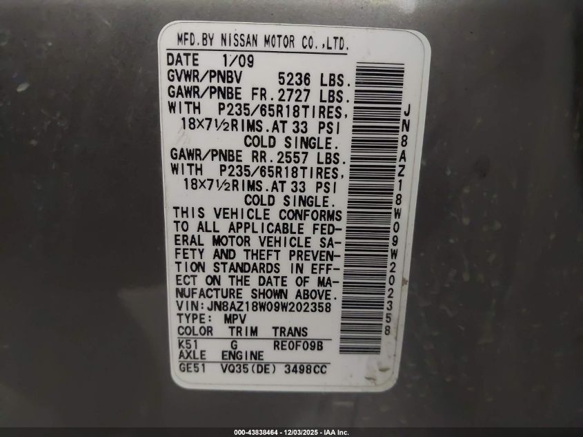2009 Nissan Murano S VIN: JN8AZ18W09W202358 Lot: 43838464