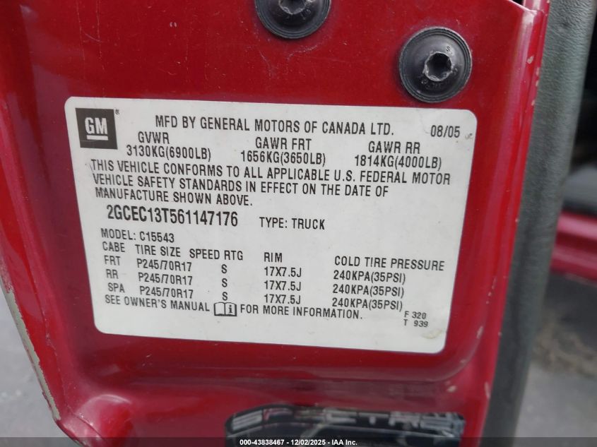 2006 Chevrolet Silverado 1500 Lt1 VIN: 2GCEC13T561147176 Lot: 43838467