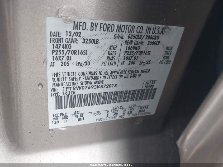 2003 Ford F-150 Lariat/Xlt VIN: 1FTRW07693KB72018 Lot: 43838472