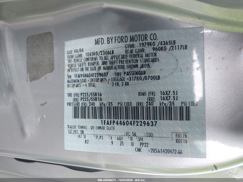 2004 Ford Mustang VIN: 1FAFP44604F229637 Lot: 43838473