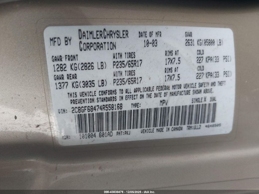 2004 Chrysler Pacifica VIN: 2C8GF68474R558168 Lot: 43838476