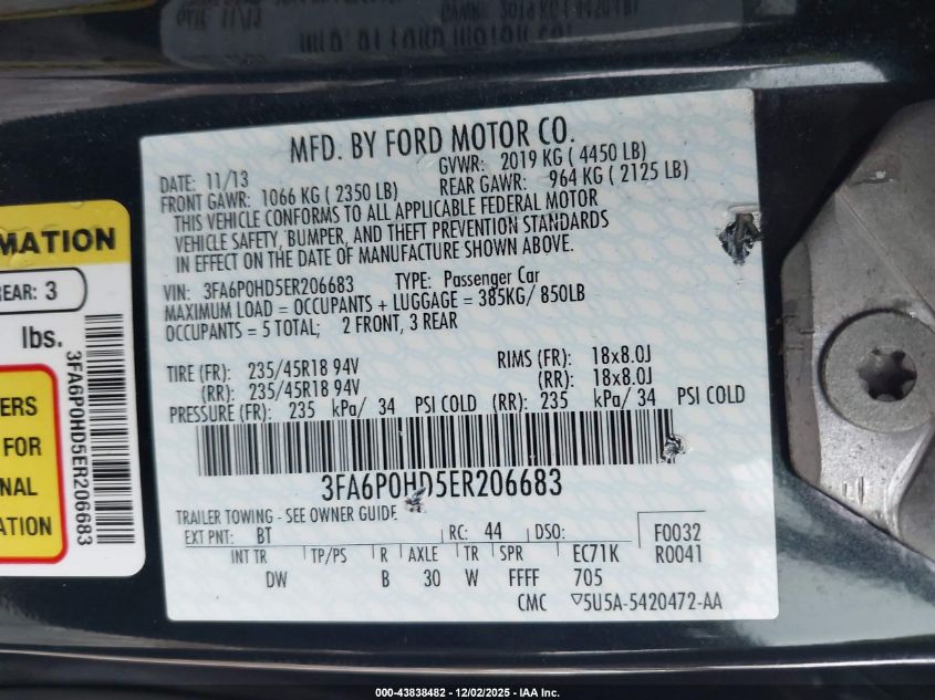 2014 Ford Fusion VIN: 3FA6EOHD5ER206683 Lot: 43838482