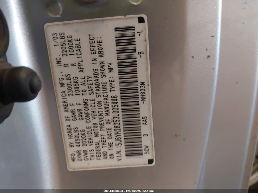 2003 Honda Element Dx VIN: 5J6YH28253L005446 Lot: 43838493