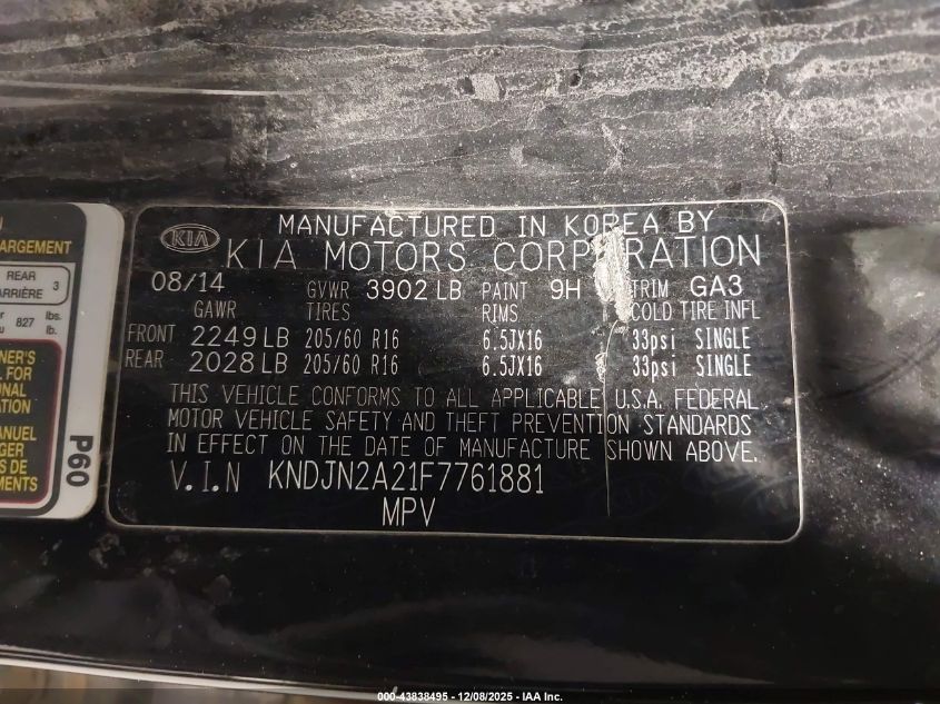 2015 Kia Soul VIN: KNDJN2A21F7761881 Lot: 43838495