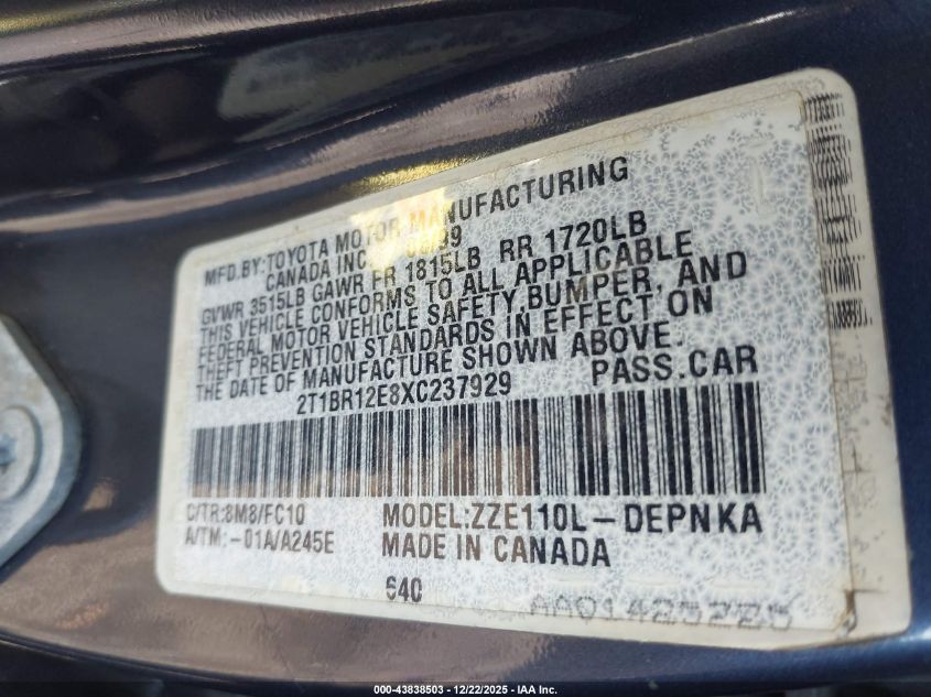 1999 Toyota Corolla Le VIN: 2T1BR12E8XC237929 Lot: 43838503