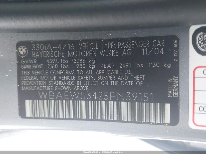2005 BMW 330Xi VIN: WBAEW53425PN39151 Lot: 43838508