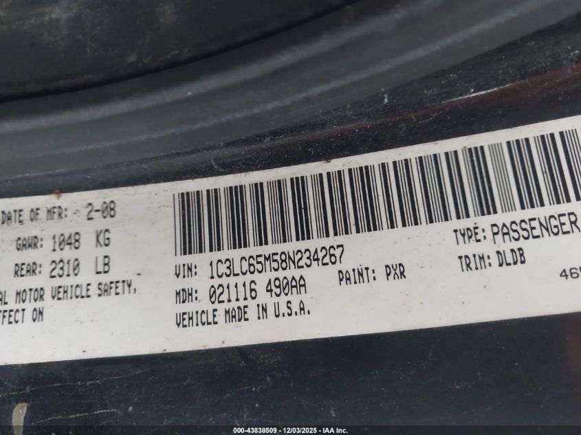 2008 Chrysler Sebring Limited VIN: 1C3LC65M58N234267 Lot: 43838509