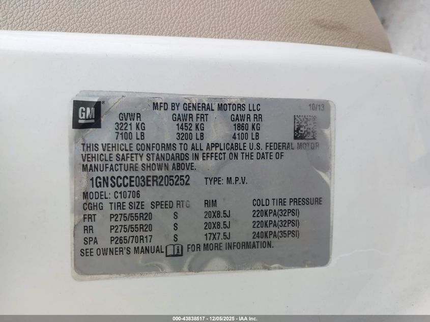 2014 Chevrolet Tahoe Ltz VIN: 1GNSCCE03ER205252 Lot: 43838517