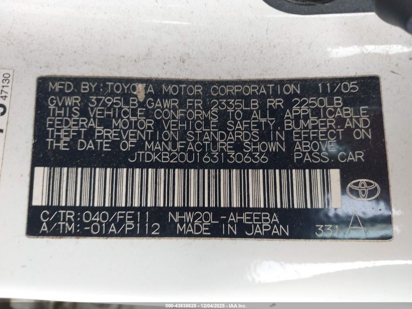 2006 Toyota Prius VIN: JTDKB20U163130636 Lot: 43838525