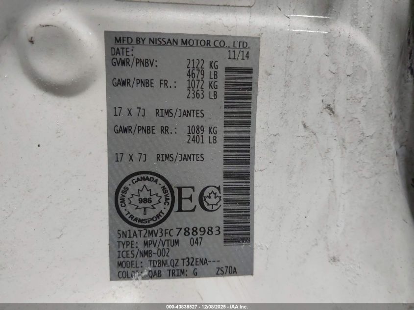 2015 Nissan Rogue S/Sl/Sv VIN: 5N1AT2MV3FC788983 Lot: 43838527