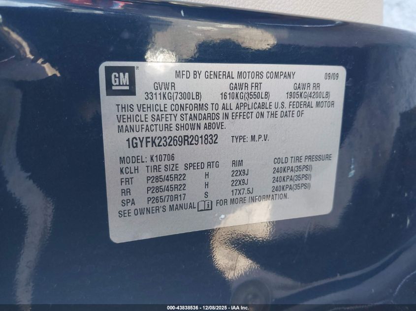 2009 Cadillac Escalade Standard VIN: 1GYFK23269R291832 Lot: 43838536
