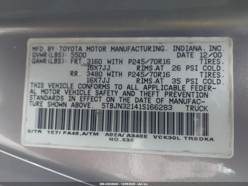 2001 Toyota Tundra VIN: 5TBJN32141S166283 Lot: 43838540