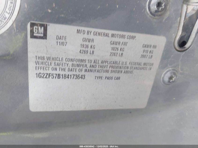 2008 Pontiac G6 Value Leader VIN: 1G2ZF57B184173643 Lot: 43838542