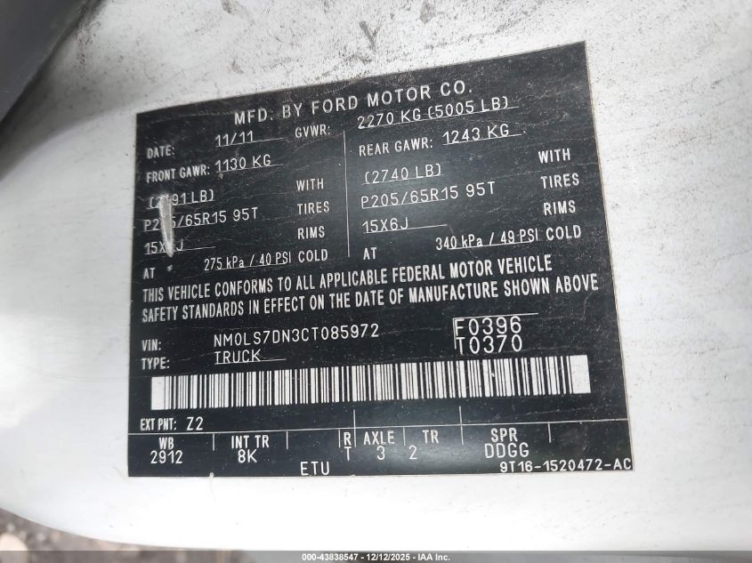 2012 Ford Transit Connect Xlt VIN: NM0LS7DN3CT085972 Lot: 43838547