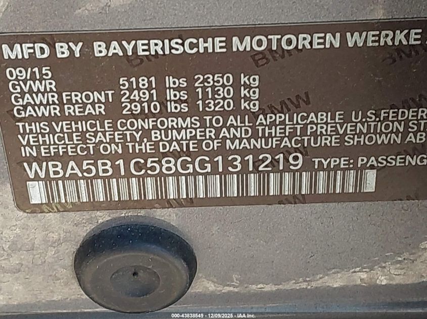 2016 BMW 535I VIN: WBA5B1C58GG131219 Lot: 43838549