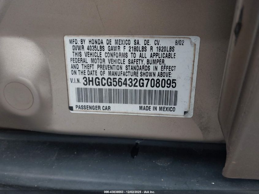 2002 Honda Accord 2.3 Lx VIN: 3HGCG56432G708095 Lot: 43838553