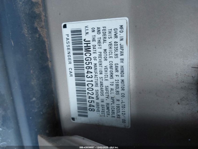 2001 Honda Accord 2.3 Lx VIN: JHMCG56431C024548 Lot: 43838557