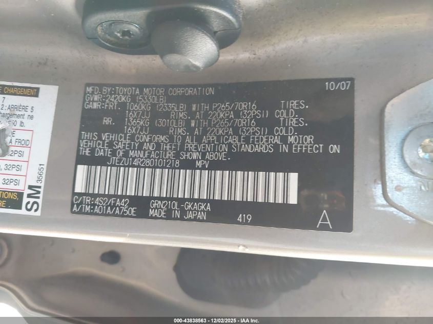 2008 Toyota 4Runner Sr5 V6 VIN: JTEZU14R280101218 Lot: 43838563