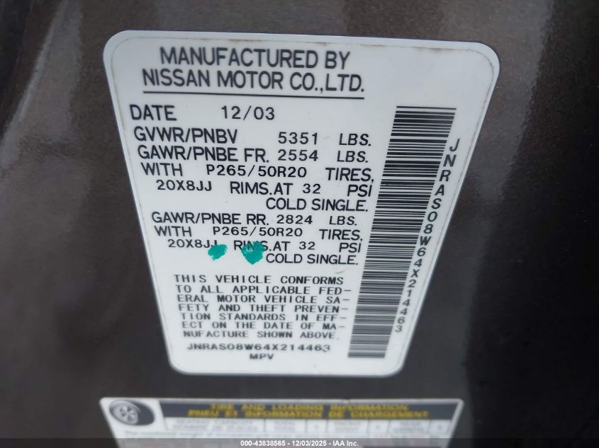 2004 Infiniti Fx35 VIN: JNRAS08W64X214463 Lot: 43838565