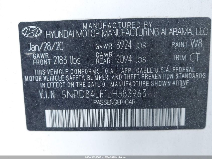 2020 Hyundai Elantra Value Edition VIN: 5NPD84LF1LH583963 Lot: 43838567